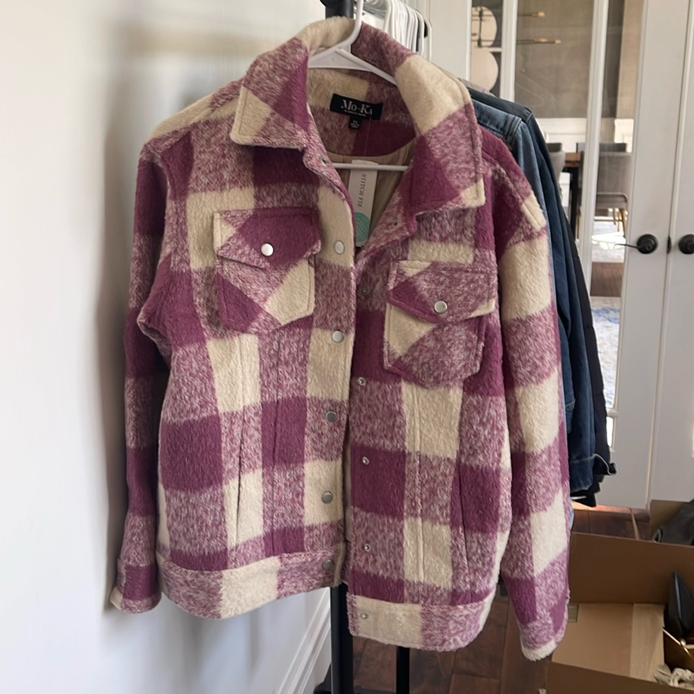 Mo-Ka Coffeeshop Plaid Wool Jacket in Pink and Cream XS
